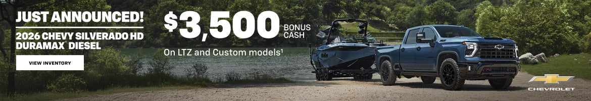 2026 Chevy Silverado HD Duramax Diesel. $3,500 Bonus Cash on LTZ and Custom models.